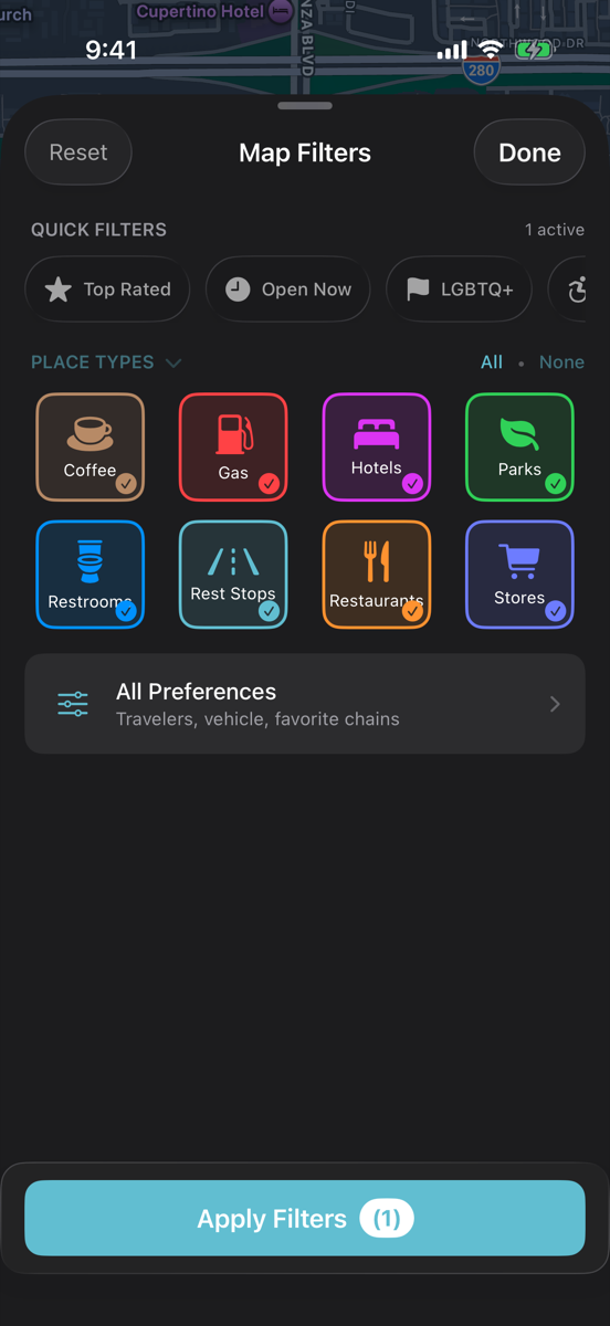 RestMap search filters for accessibility, amenities, and place types